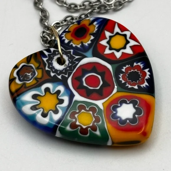 Millefiori Murano Glass Heart Pendant Necklace - Picture 2 of 10